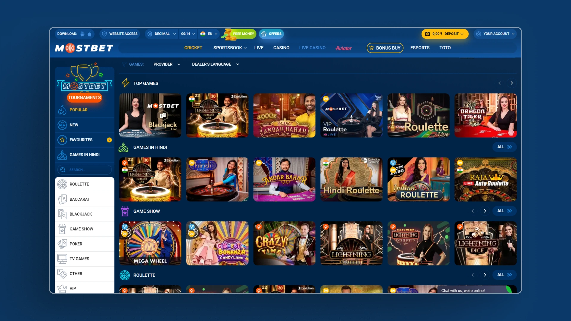 screenshot live casino mostbet