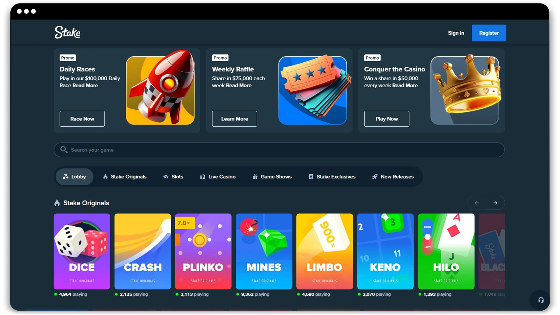 Screenshot van Stake Casino interface op mobiel